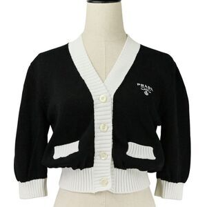 Prada Current Model Embroidery Logo Cropped Knit Cardigan P25i04 Size 40 Black